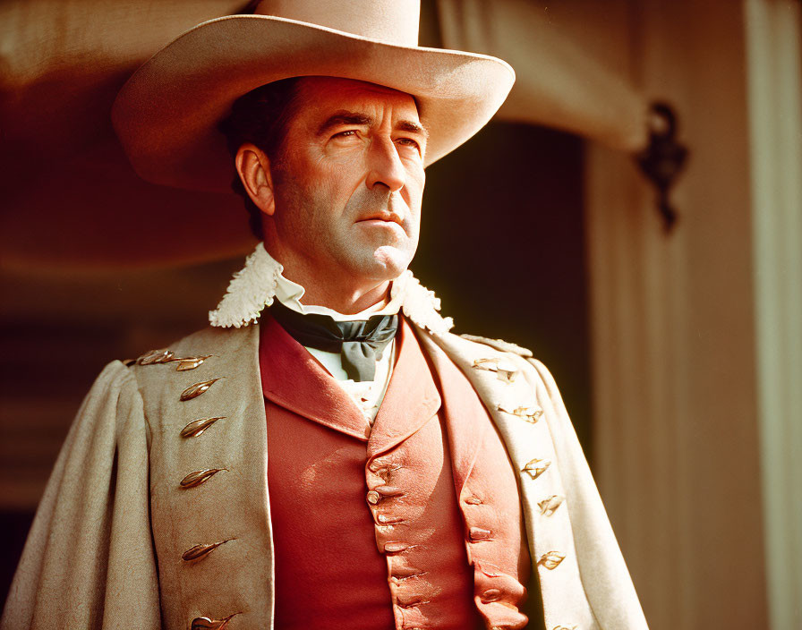 Historical man in ornate attire with large hat and frilly cravat.