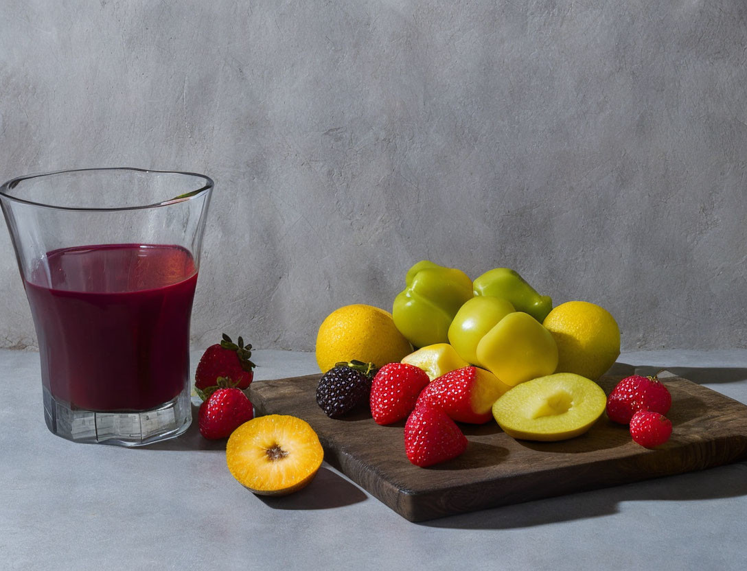 Vibrant still life with red juice, strawberries, lemon, and grapes