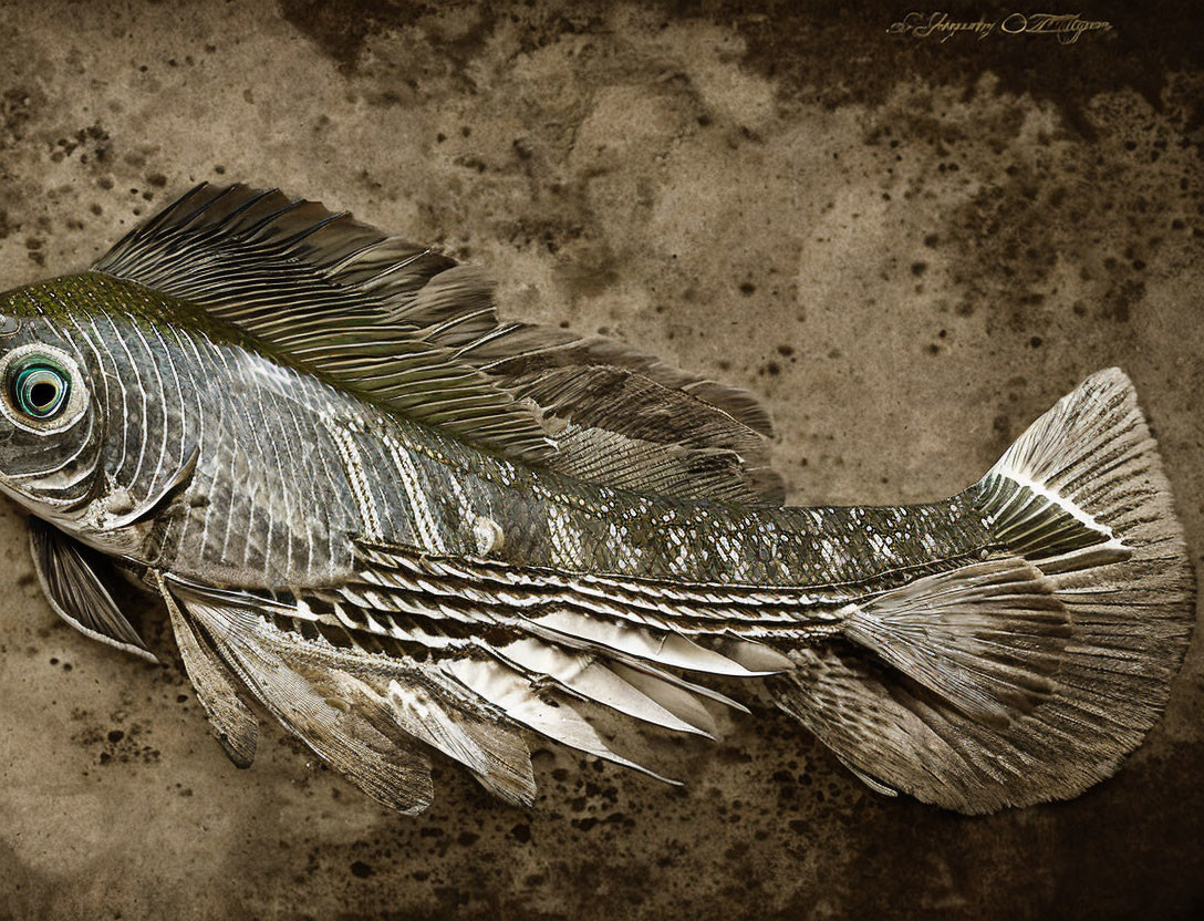 Detailed fish illustration with textured fins and scales on speckled brown backdrop