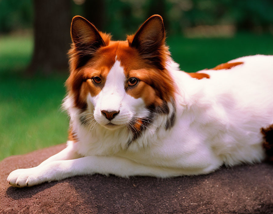 Brown and White Dog with Perky Ears on Stone Surface in Green Background