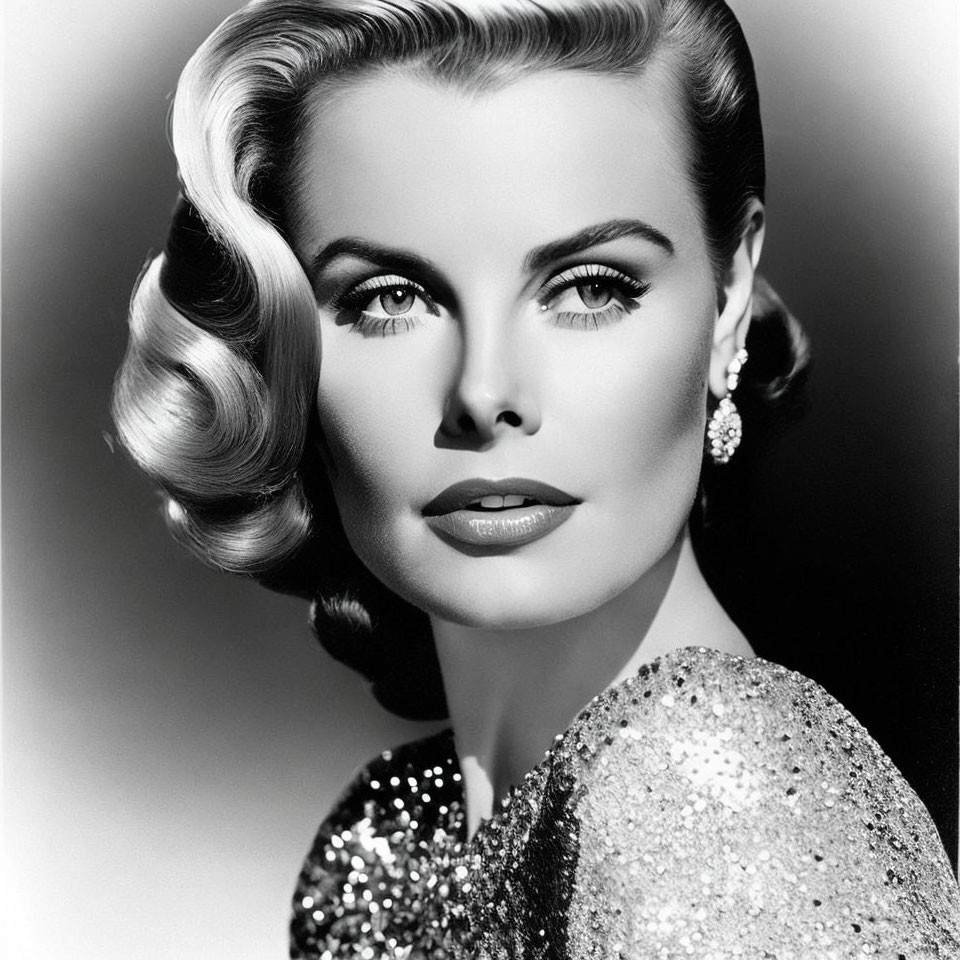 Vintage Hollywood glamour black and white portrait of a woman with wave-styled hair and sequined outfit.