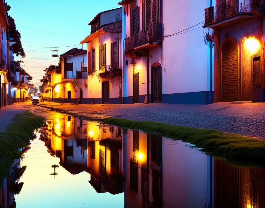 Quiet Street with Traditional Houses Reflecting After Rainfall