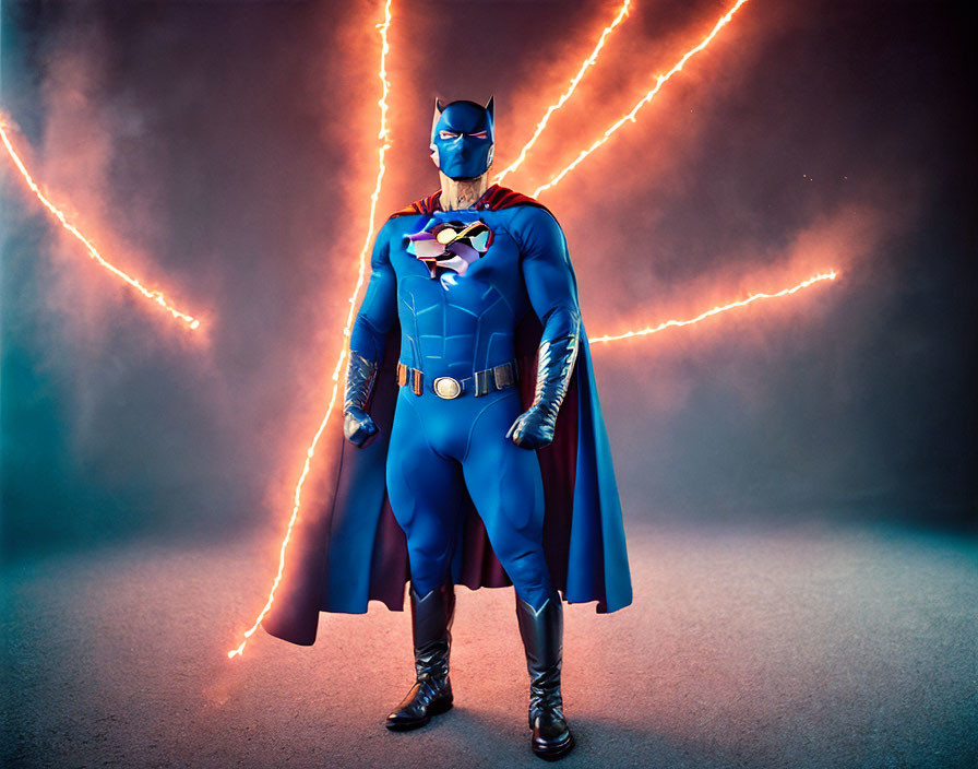 Person in Batman costume with Superman emblem in dramatic lightning setting