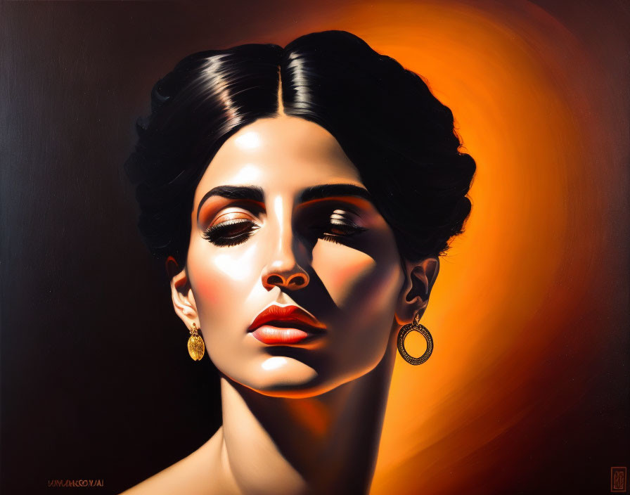 Hyperrealistic Painting: Woman with Dark Hair in Updo and Golden Hoop Earrings