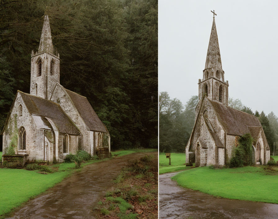 Stone church with tall spire in overcast skies and greenery, two angles