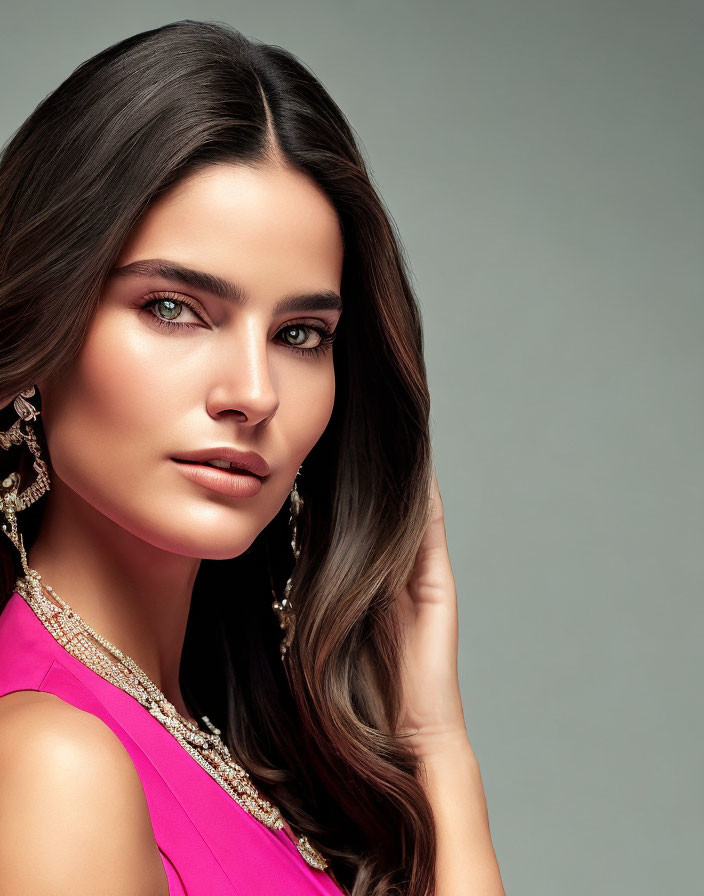 Dark-haired woman with green eyes in pink top and gold earrings against grey backdrop