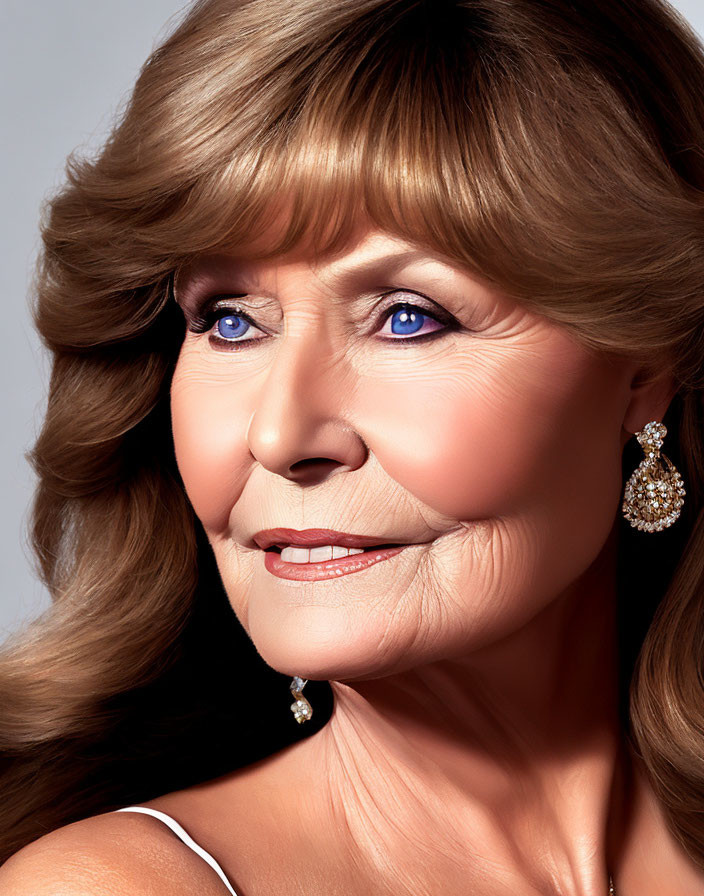 Elegant older woman with light brown hair and blue eyes wearing drop earrings.