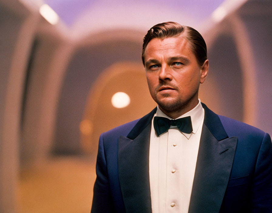 Man in tuxedo with bowtie in hallway with circular doorways, looking left