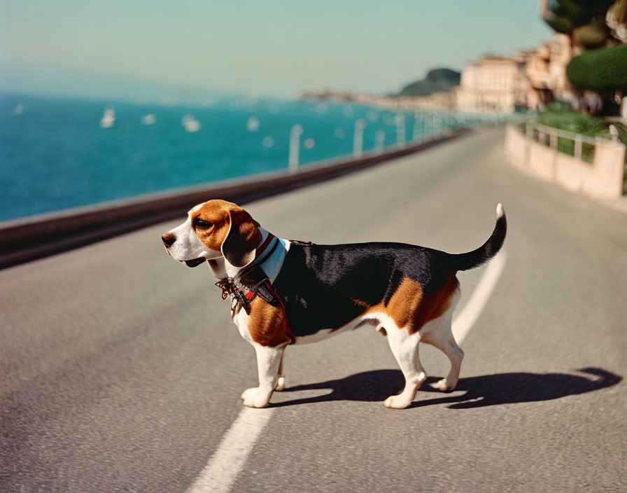 Beagle on Coastal Road with Water and Boats, Blue Sky