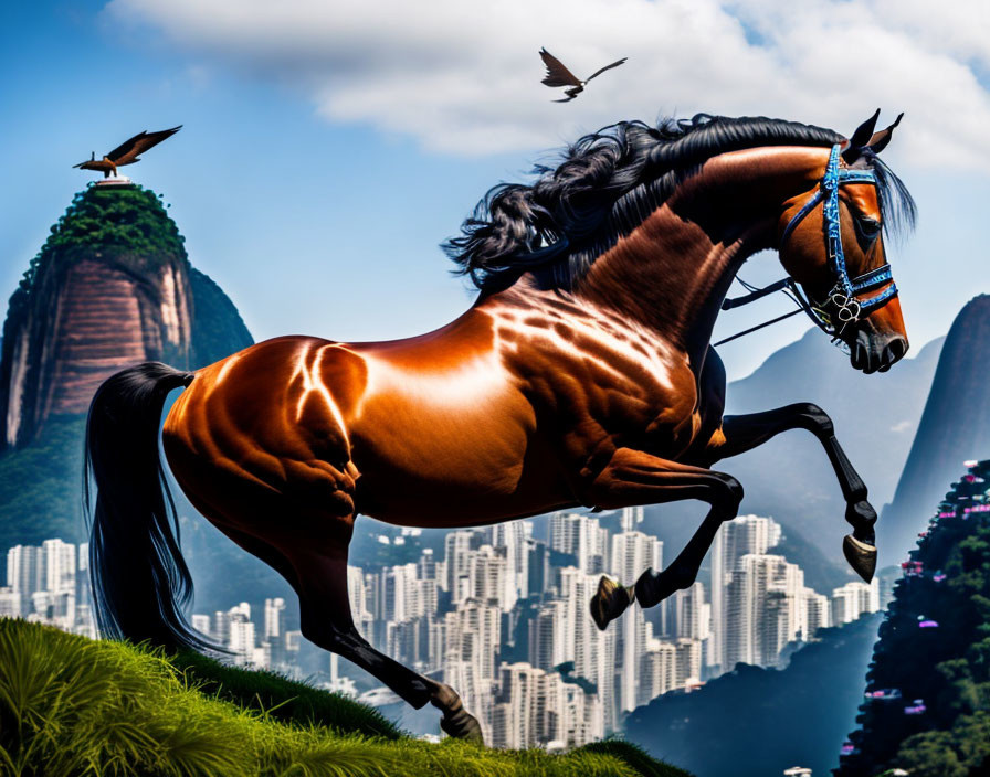 Brown horse galloping in grassy field with city skyline and mountains in background