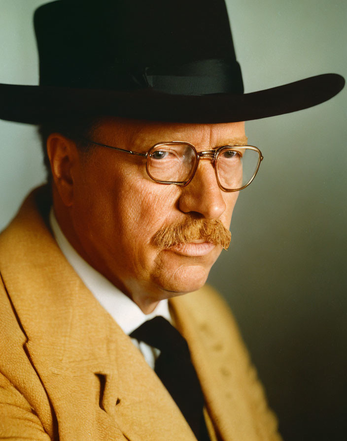 Mustached man in wide-brimmed hat, glasses, yellow suit, and vest against gradated