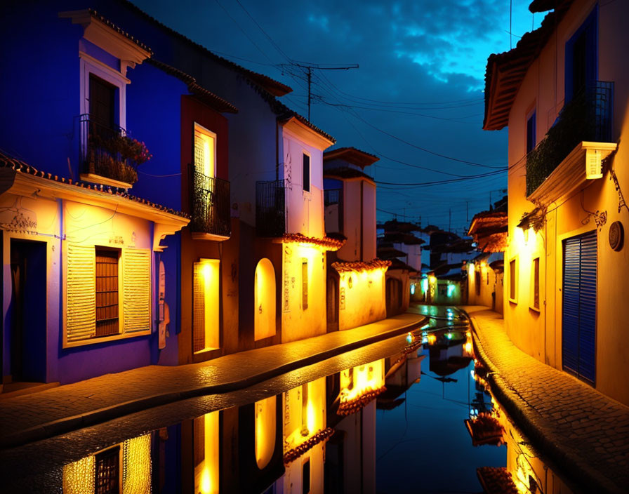 European Street at Twilight with Colorful Buildings and Cobblestone Road