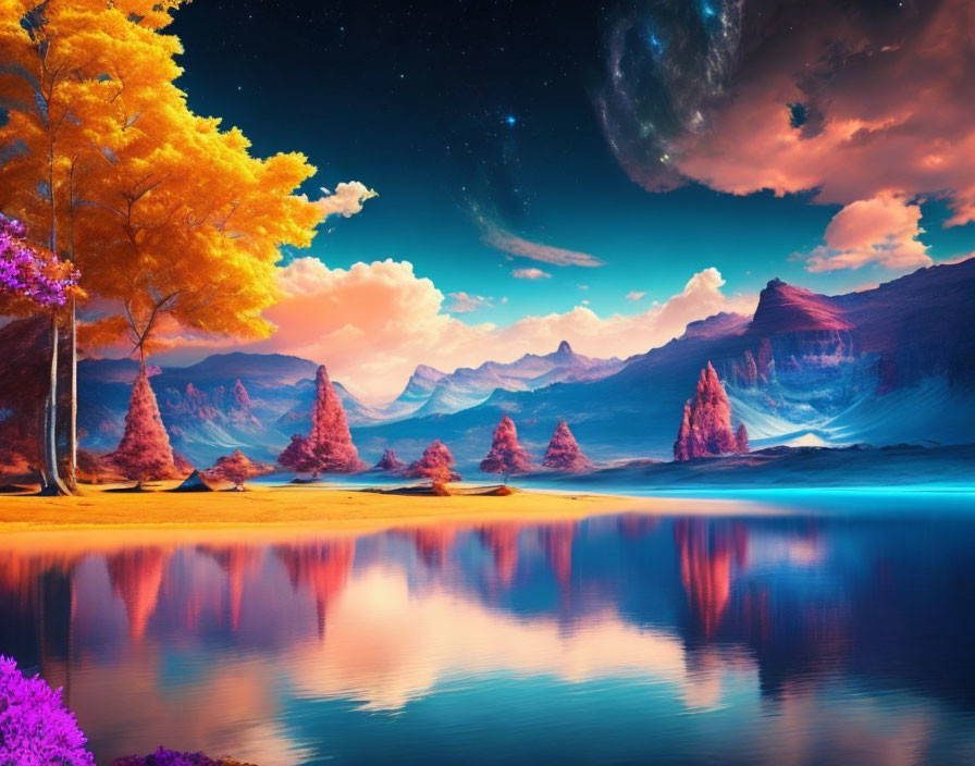 Colorful Alien Landscape with Reflective Lake, Starry Sky, and Towering Rocks