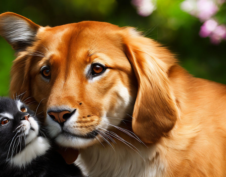 Ginger Dog and Black & White Cat Cuddle on Green Background