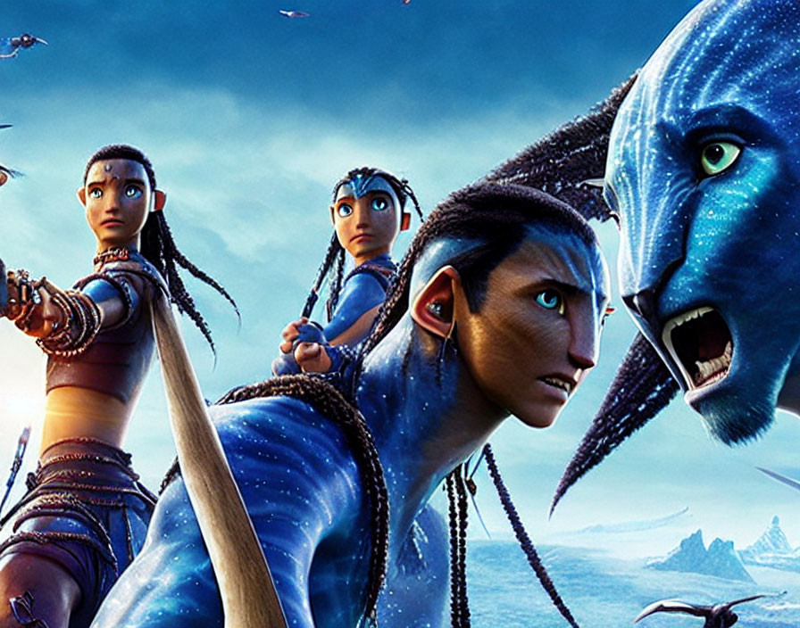 Dynamic pose of three blue-skinned tribal characters against vibrant backdrop