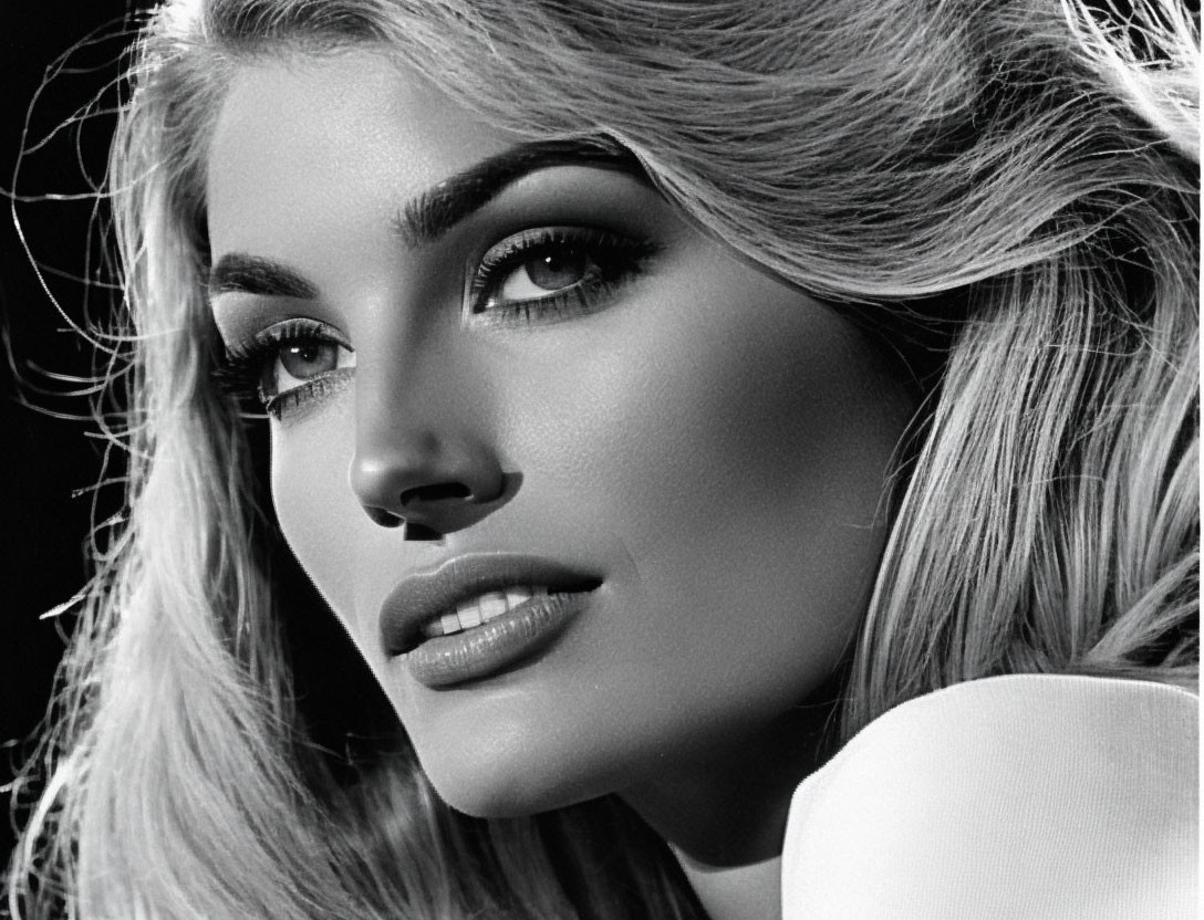 Monochrome close-up of woman with dramatic makeup and voluminous hair