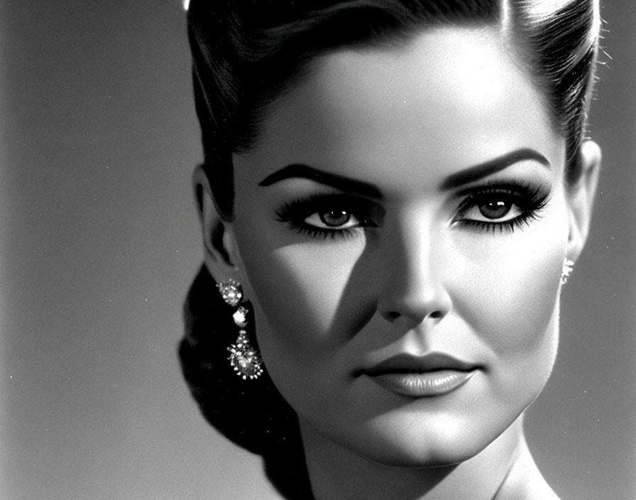 Monochrome portrait of woman with vintage makeup and elegant accessories