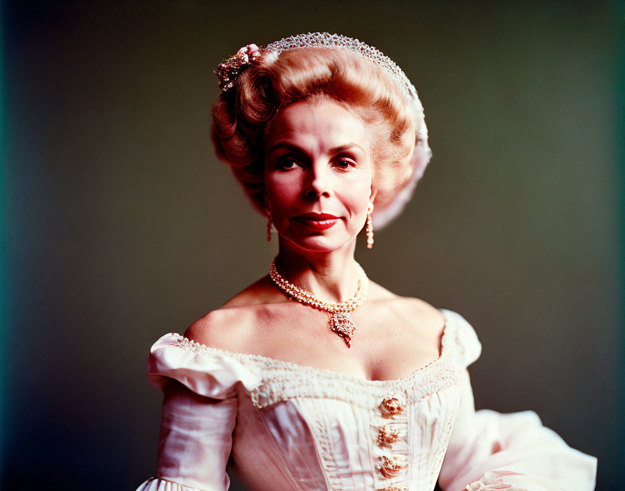 Vintage-style dressed woman with pearl necklace and tiara in elegant pose.