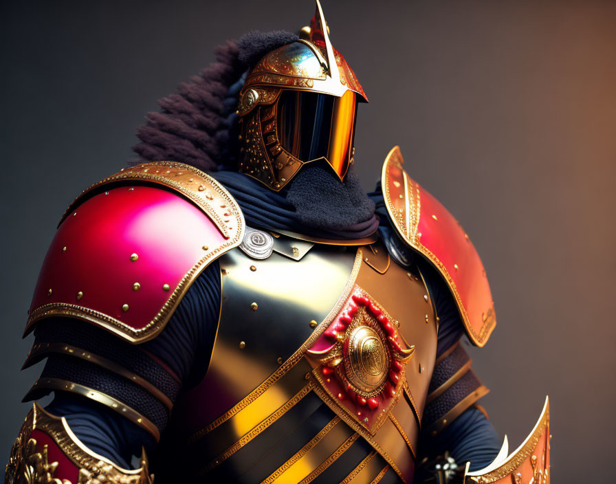 Medieval knight in ornate armor with gold detailing and plumed helmet