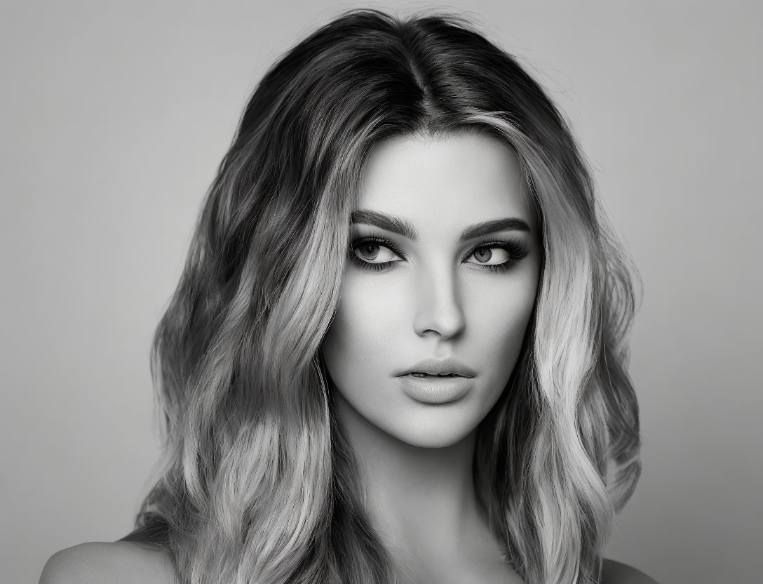 Monochrome portrait of woman with wavy hair and striking eyes