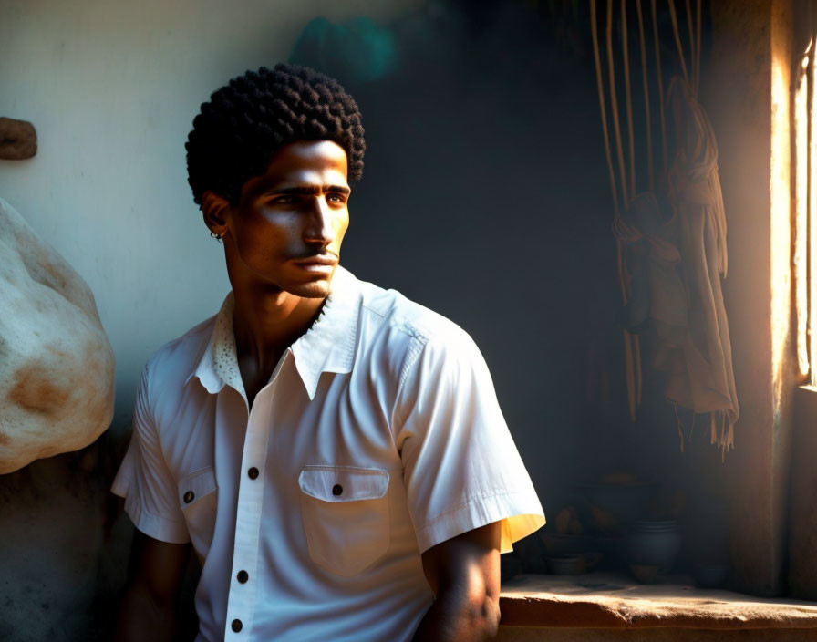 Curly-haired man in white shirt gazes out window in dimly-lit room.