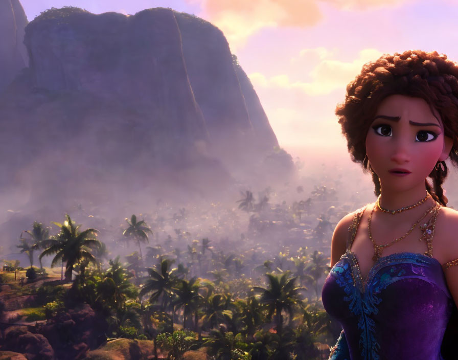 Curly-Haired Animated Character in Jeweled Outfit with Mountain Sunset Backdrop