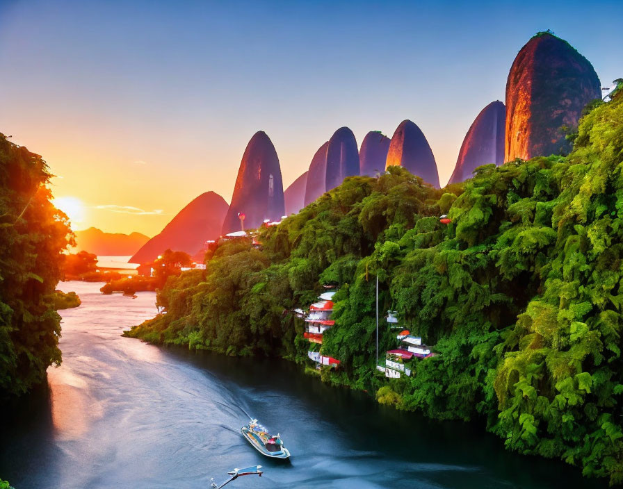 Scenic river in lush valley with karst mountains at sunset