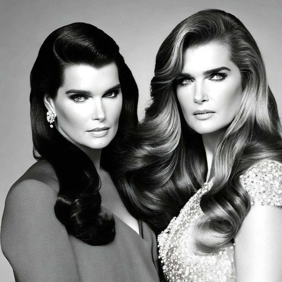 Two women in elegant attire with voluminous hair and striking makeup in black-and-white portrait