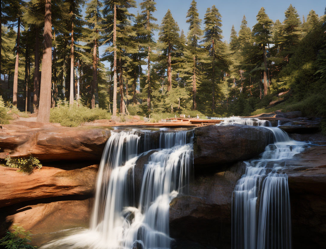 Tranquil waterfall flowing over rocks in pine forest