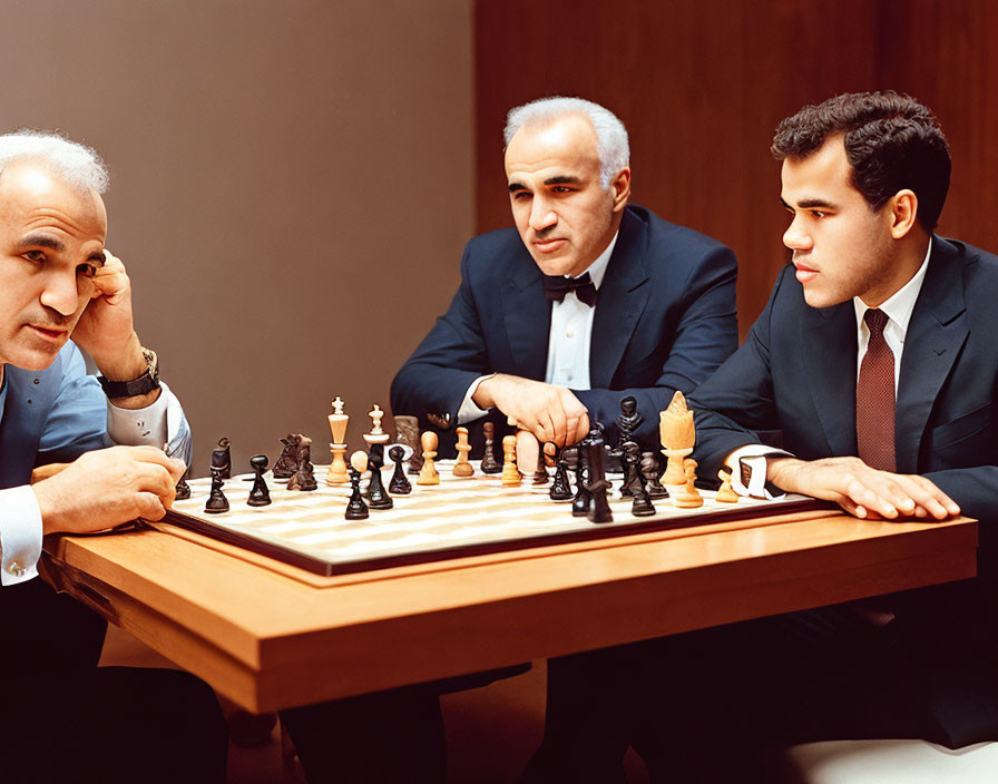 Two Men Playing Chess Intently at Wooden Table