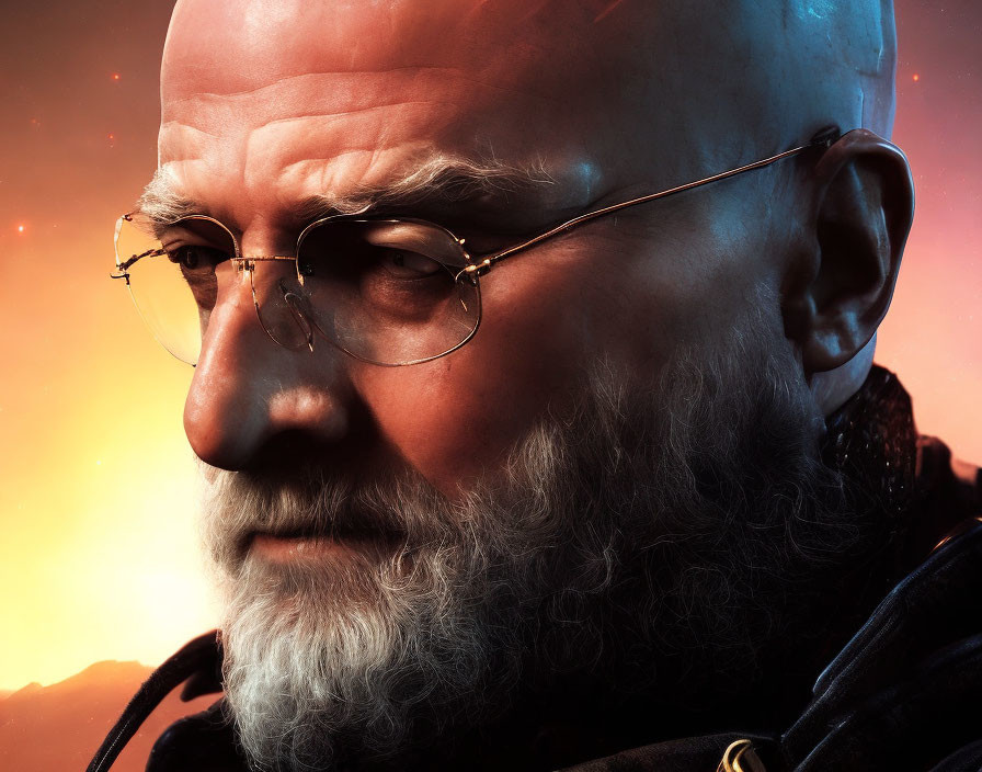 Bearded, bald man with glasses in close-up against orange backdrop