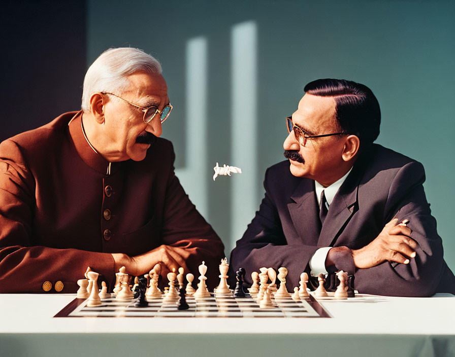 Elderly male characters with mustache playing chess