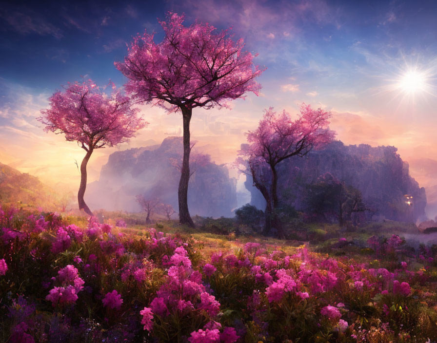 Pink Blossoming Trees and Sunrise Glow in Serene Landscape