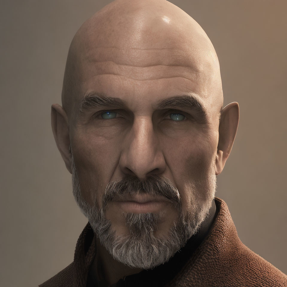 CG portrait of bald man with grey beard, blue eyes, stern expression, brown collar