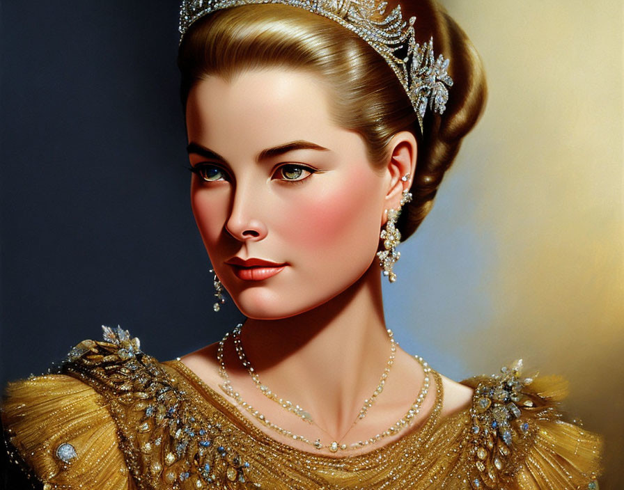 Illustration of elegant woman in golden gown with classic hairstyle & sophisticated jewelry