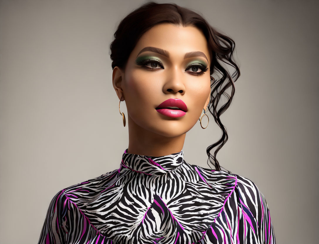 Elegant individual with striking makeup in zebra print top against neutral backdrop