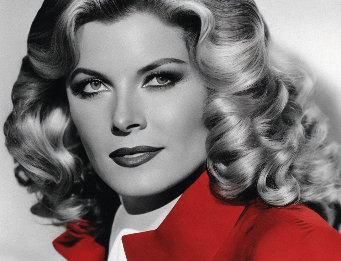 Vintage Hollywood actress in black and white portrait with wavy hair and red jacket.