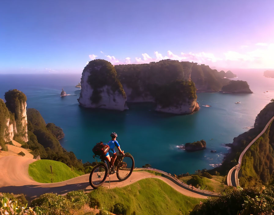 Cyclist admires sea view from scenic overlook