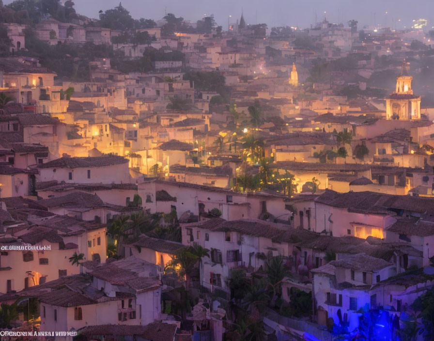 Densely Packed Hillside Village at Twilight