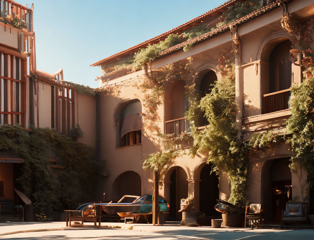 Classic car in serene Mediterranean courtyard