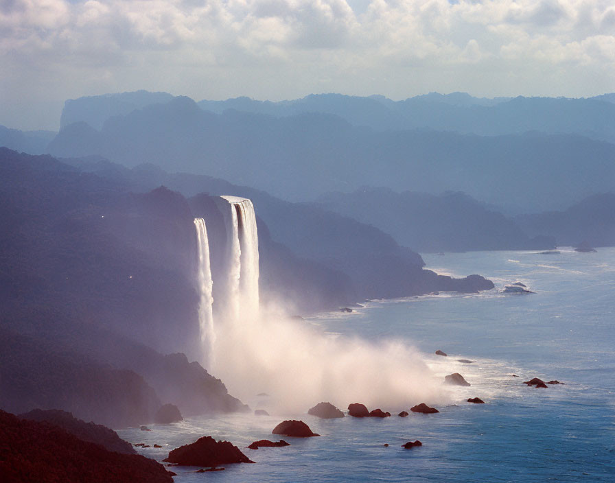 Scenic waterfall cascades into sea from misty cliff