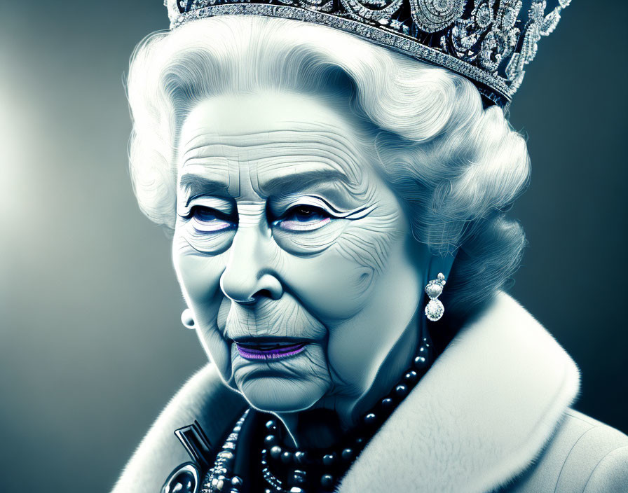 Senior Woman Portrait with Crown and Pearls on Dark Background