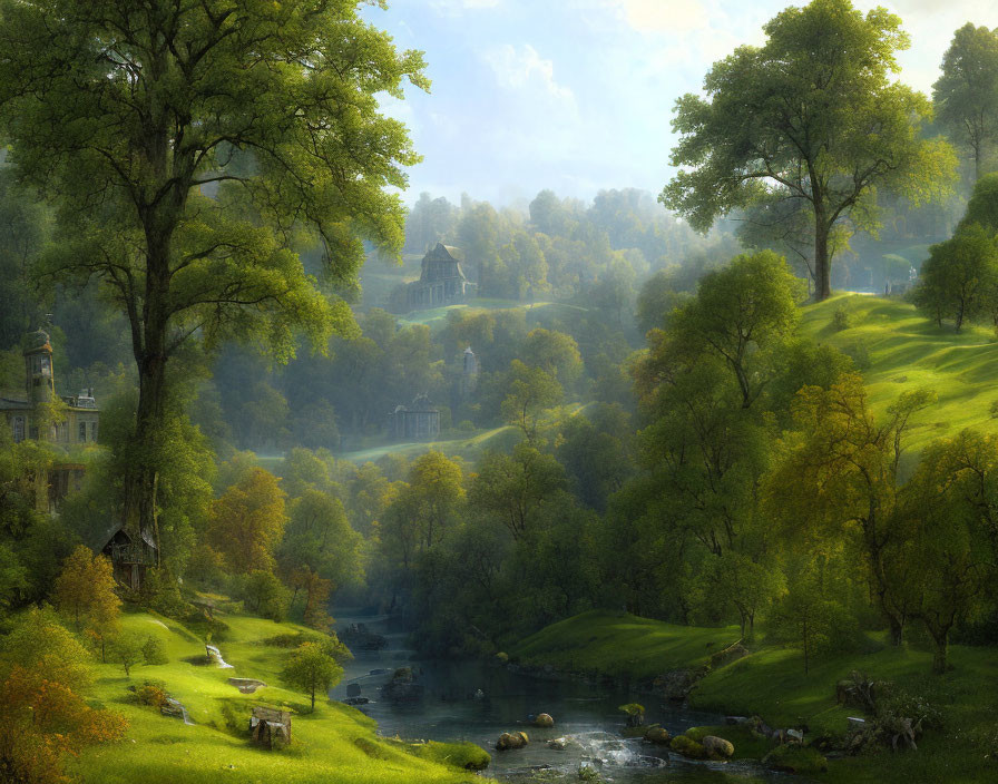 Tranquil river meandering through lush valley with scattered manors