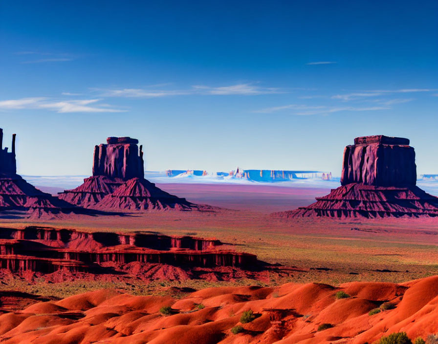 Red Sand Desert Landscape with Towering Buttes under Blue Sky