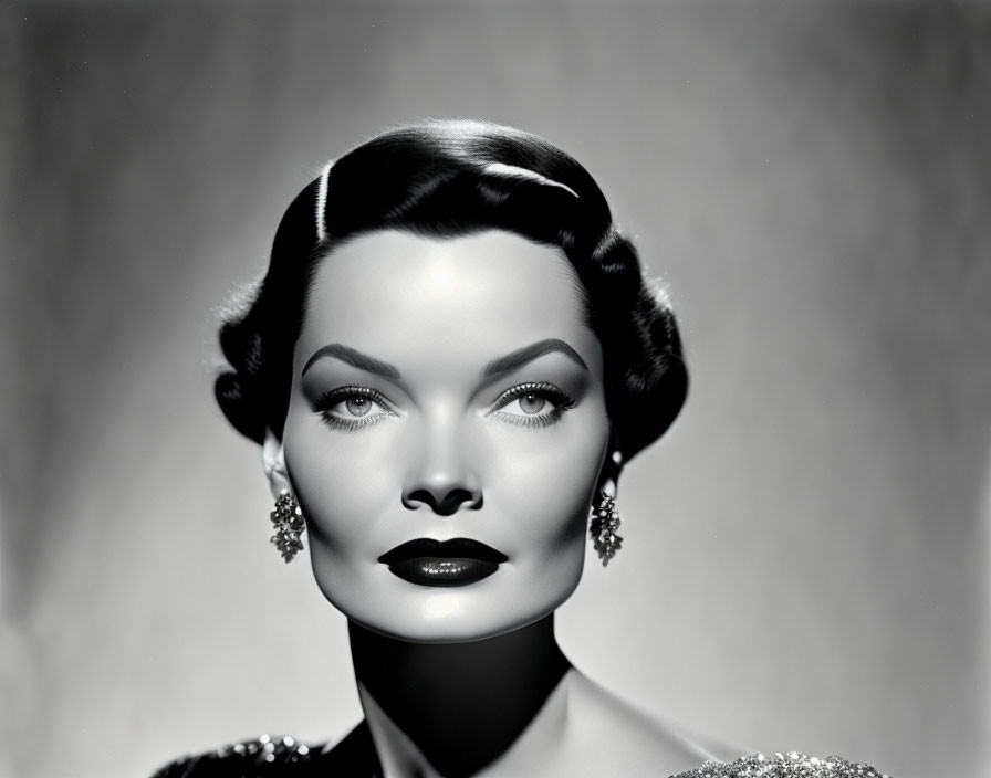 Monochrome headshot of woman with vintage hairstyle and bold lipstick