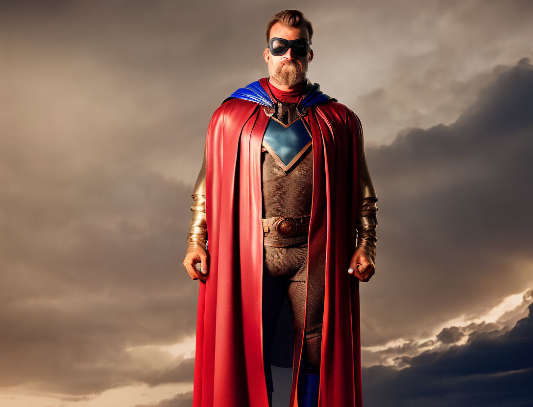 Superhero in red cape and goggles against dramatic sky