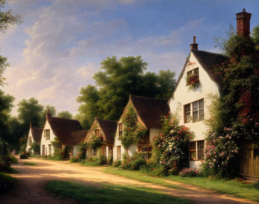 Tranquil village scene with thatched cottages and lush greenery