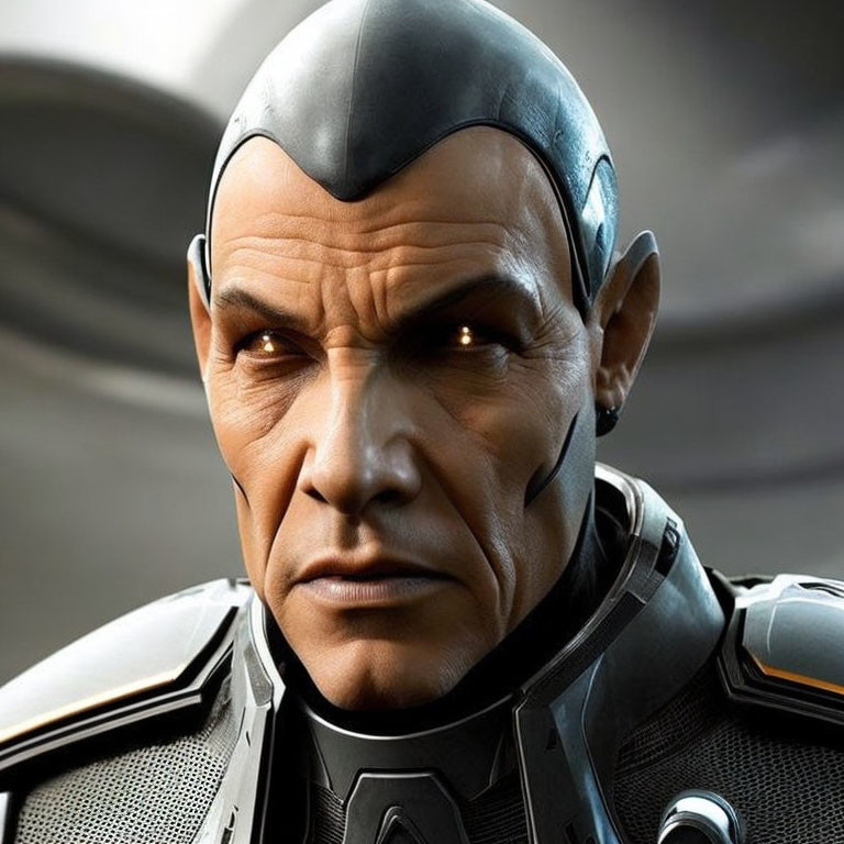 Bald Male Character in Futuristic Black and Silver Suit