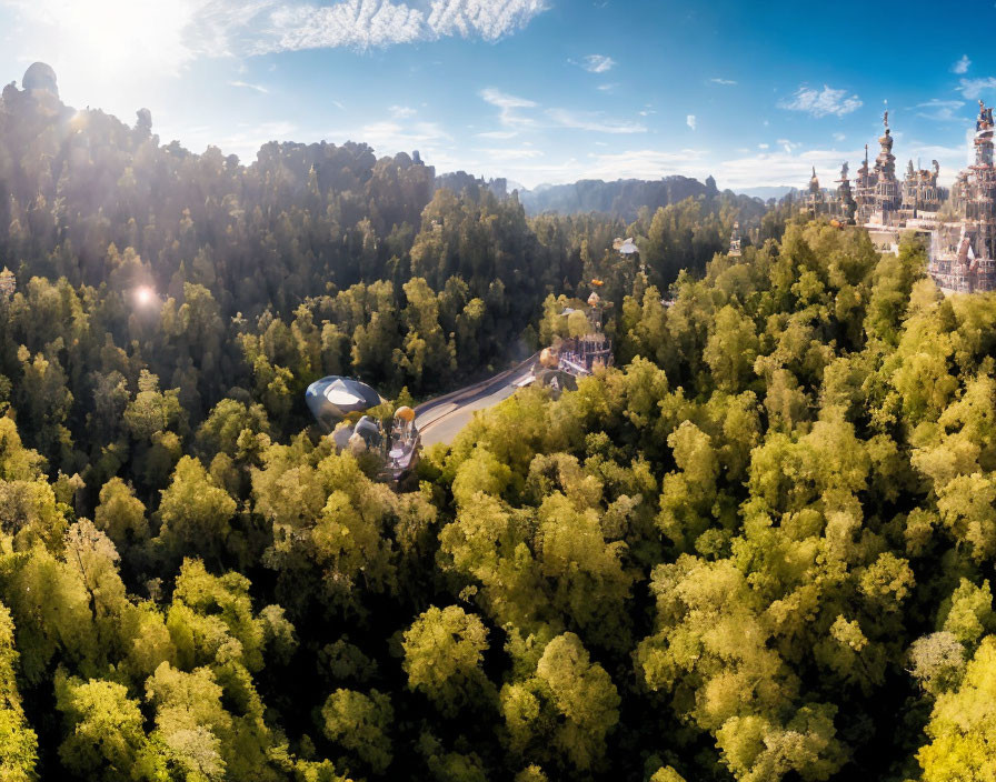 Lush forest, winding road, ornate building complex under clear sky