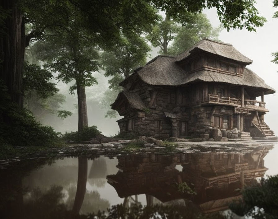 Wooden house near pond in misty forest reflection.